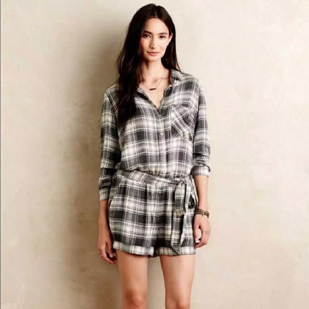 Cloth and stone plaid long sleeve shorts romper